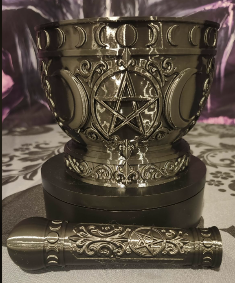 Gothic Triple Moon Mortar &amp; Pestle – 3D Printed Altar &amp; Apothecary Decor