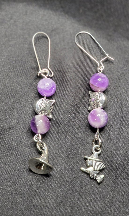 Amethyst Earrings with Cat, Witch, and Hat