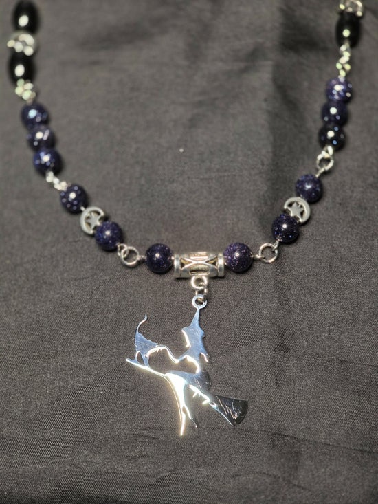 Witch on a Broom Necklace with Black Obsidian and Blue Goldstone