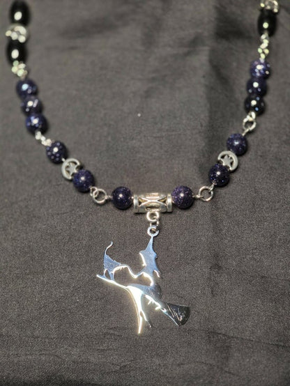 Witch on a Broom Necklace with Black Obsidian and Blue Goldstone