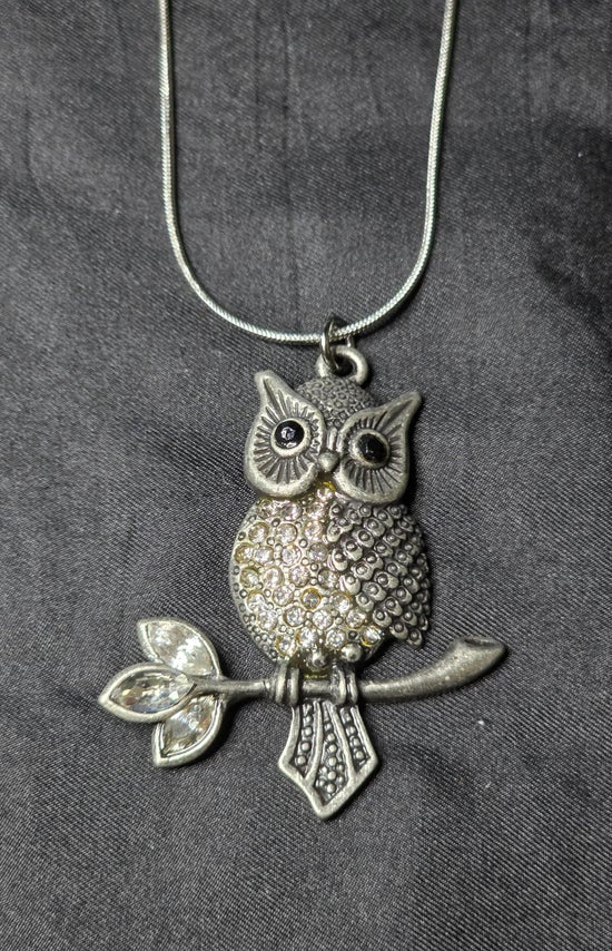 Owl on a Branch with Rhinestones Necklace