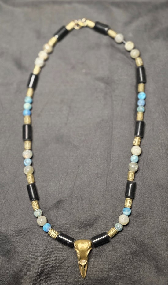 Antiqued Crow skull with Black Obsidian, Labradorite, and Larimar Blue Crazy Lace Agate on Leather Cord