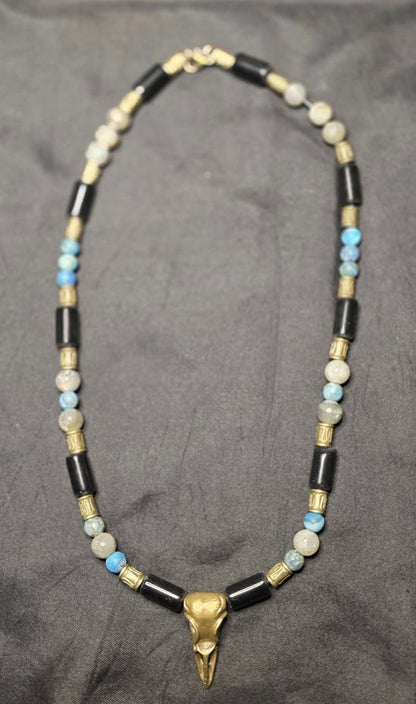 Antiqued Crow skull with Black Obsidian, Labradorite, and Larimar Blue Crazy Lace Agate on Leather Cord