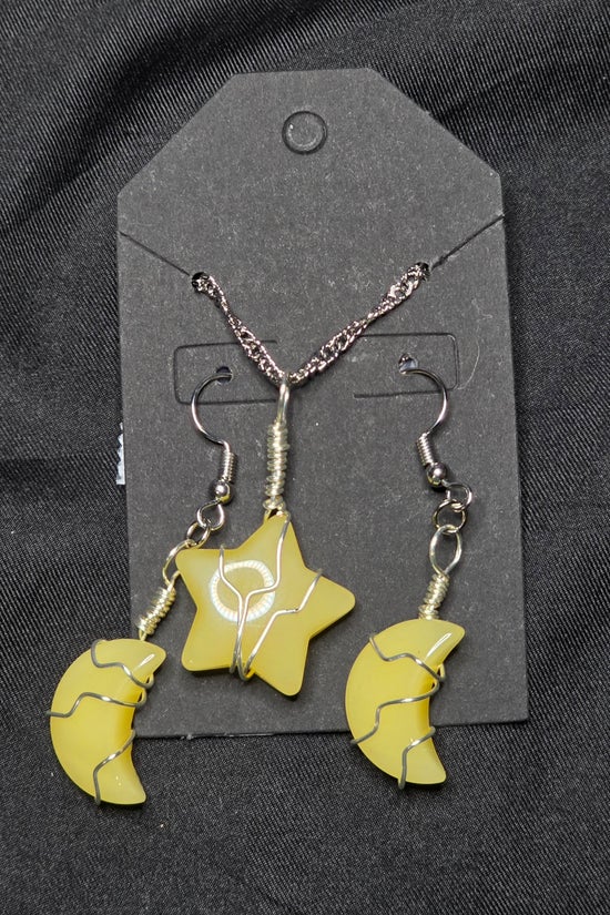 Yellow Agate Moon and Star Necklace and Earring Set