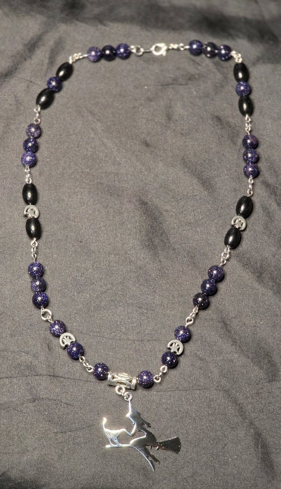 Witch on a Broom Necklace with Black Obsidian and Blue Goldstone
