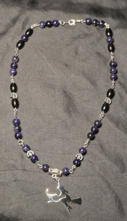 Witch on a Broom Necklace with Black Obsidian and Blue Goldstone