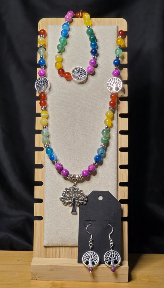 Tree of Life Necklace, Bracelet, and Earring Set with Agate, Calcite, and Carnelian