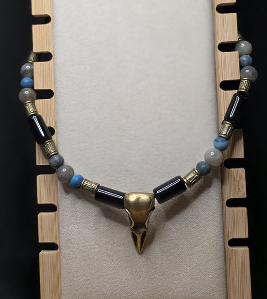 Antiqued Crow skull with Black Obsidian, Labradorite, and Larimar Blue Crazy Lace Agate on Leather Cord
