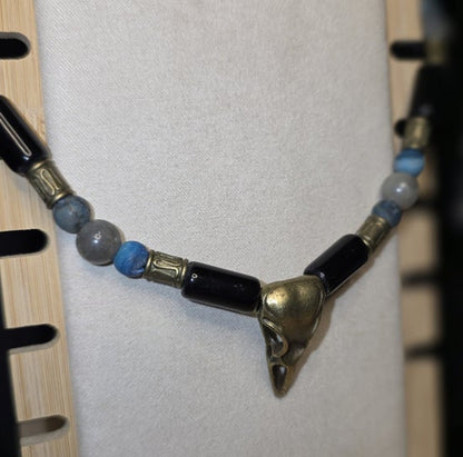 Antiqued Crow skull with Black Obsidian, Labradorite, and Larimar Blue Crazy Lace Agate on Leather Cord