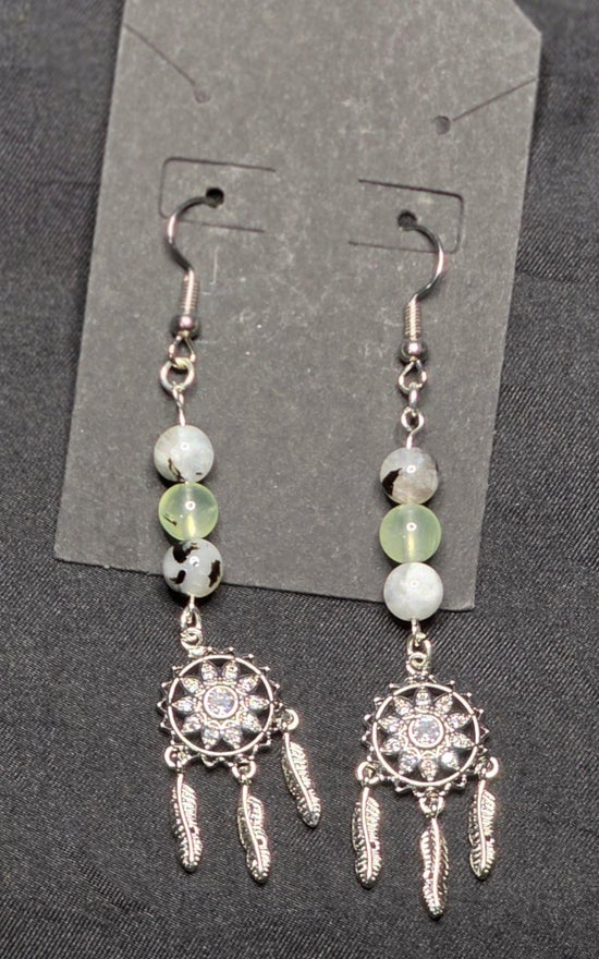 Prehnite and Rainbow Moonstone Earrings with Dream Catcher