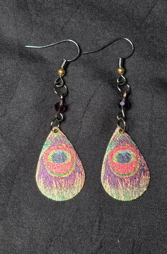Peacock Feather and Amethyst Earrings
