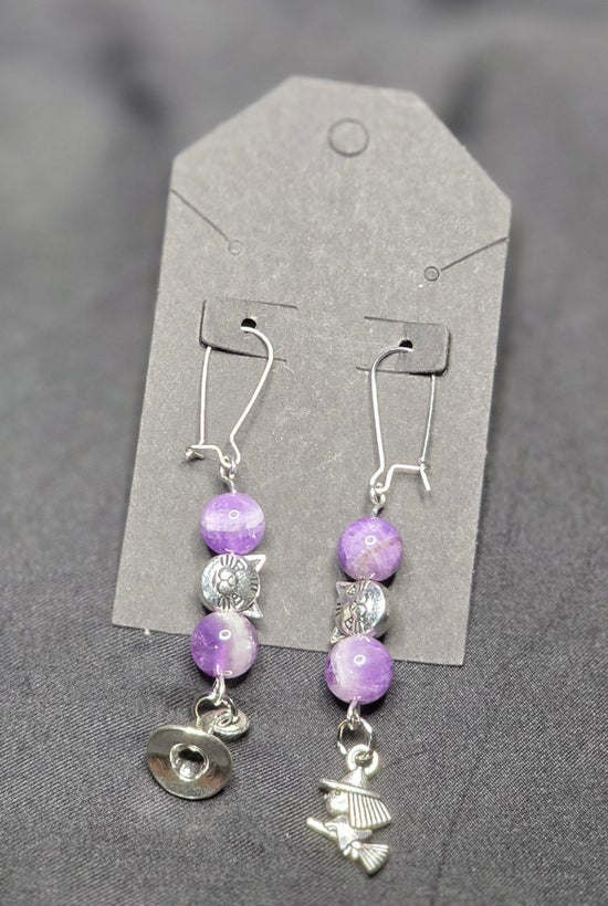 Amethyst Earrings with Cat, Witch, and Hat