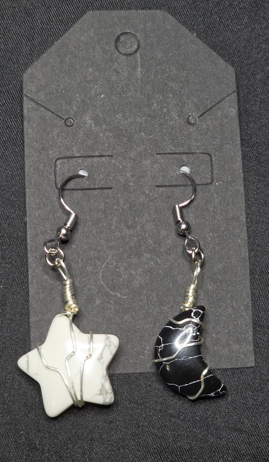 Black Agate and Howlite Moon and Star Earrings