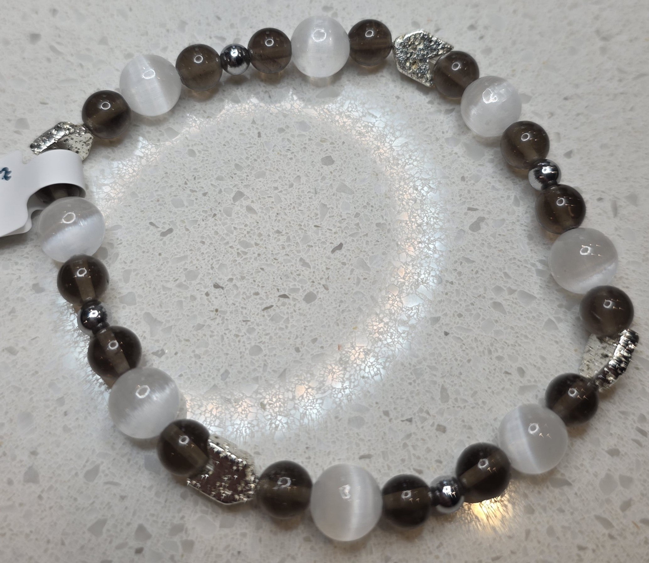 Hematite, Selenite, and Smokey Quartz Bracelet