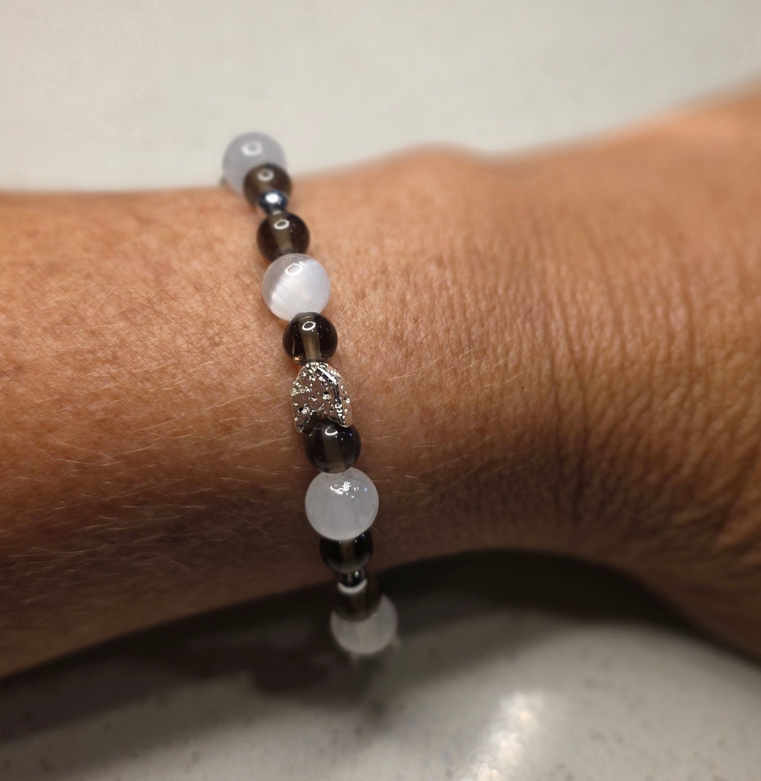 Hematite, Selenite, and Smokey Quartz Bracelet
