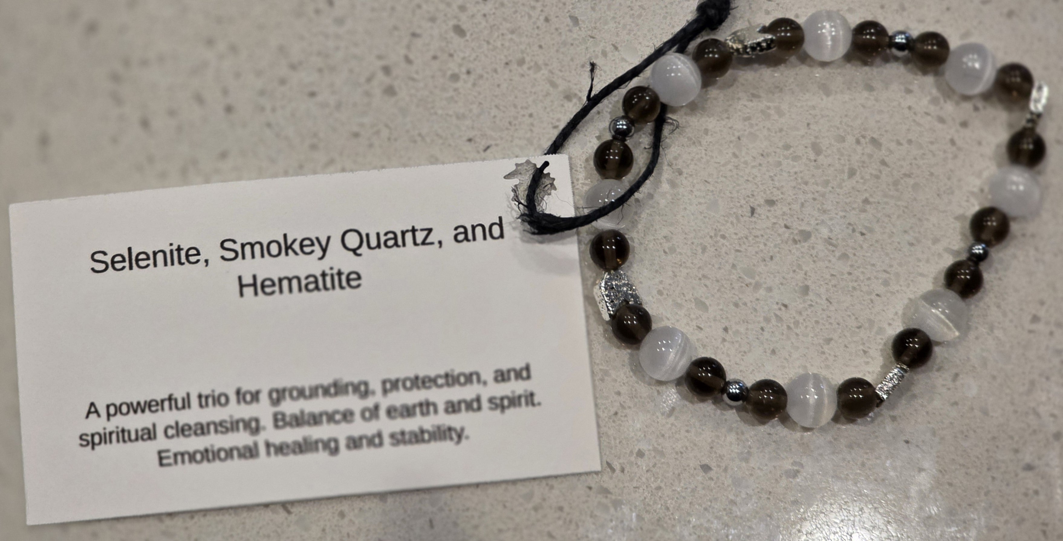 Hematite, Selenite, and Smokey Quartz Bracelet