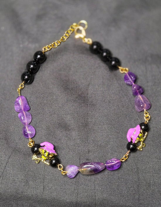 Amethyst and Black Onyx Anklet with Cat Witch Charms