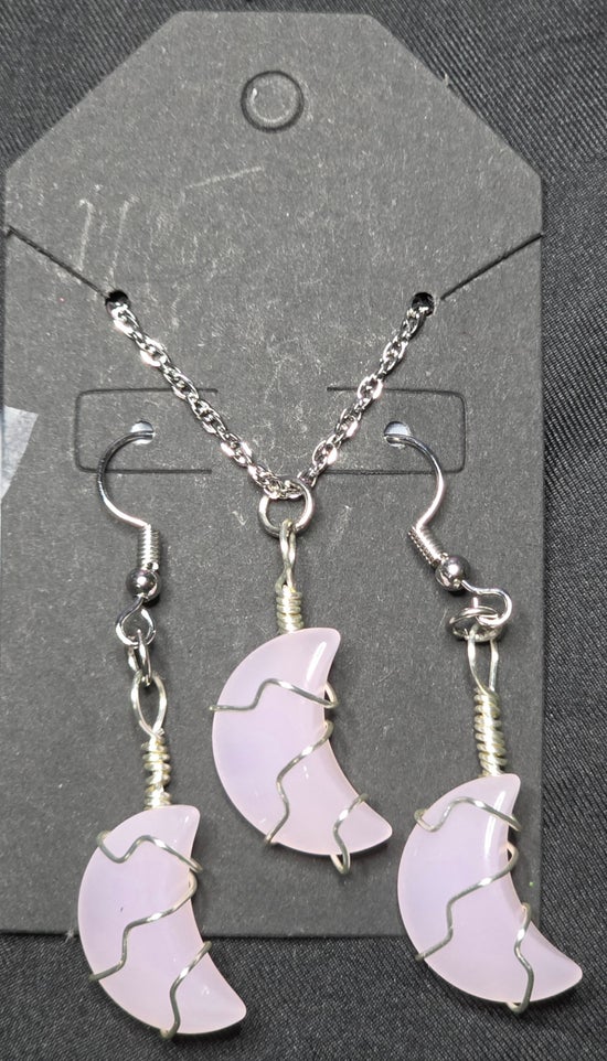 Rose Quartz Moon Earrings and Necklace Set