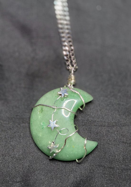 Green Aventurine with Moon and Stars Necklace