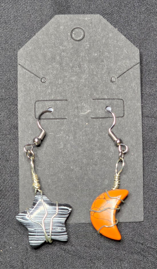 Orange Dyed Howlite and Zebra Agate Moon and Star Earrings