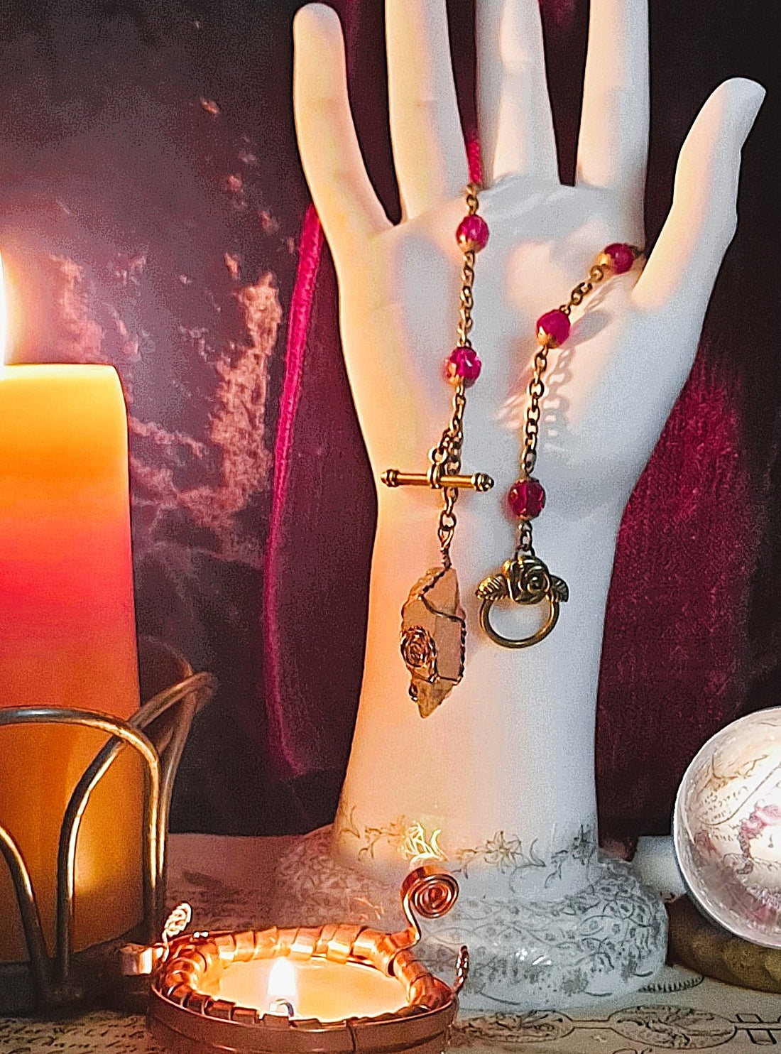 Antique Red Glass &amp; Brass Pendulum Bracelet