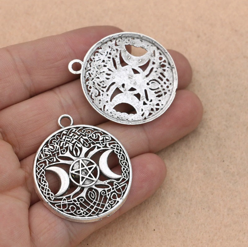 Triple Moon Goddess Charm, 28mm Pendant, Witchcraft Jewelry, Tree of Life