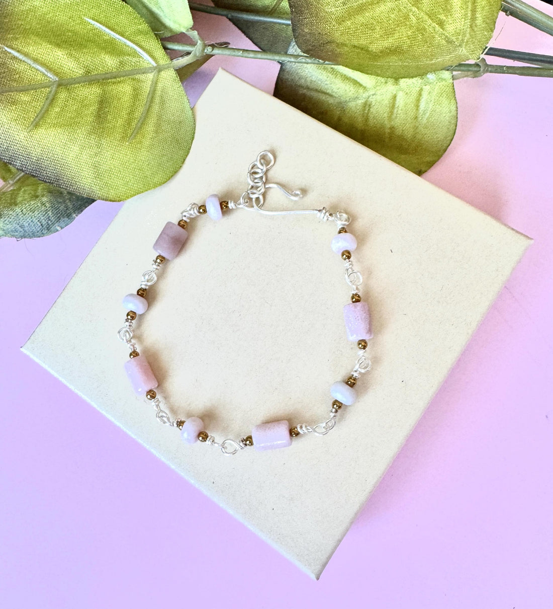 Handmade Pink Opal Bracelet with gold accents