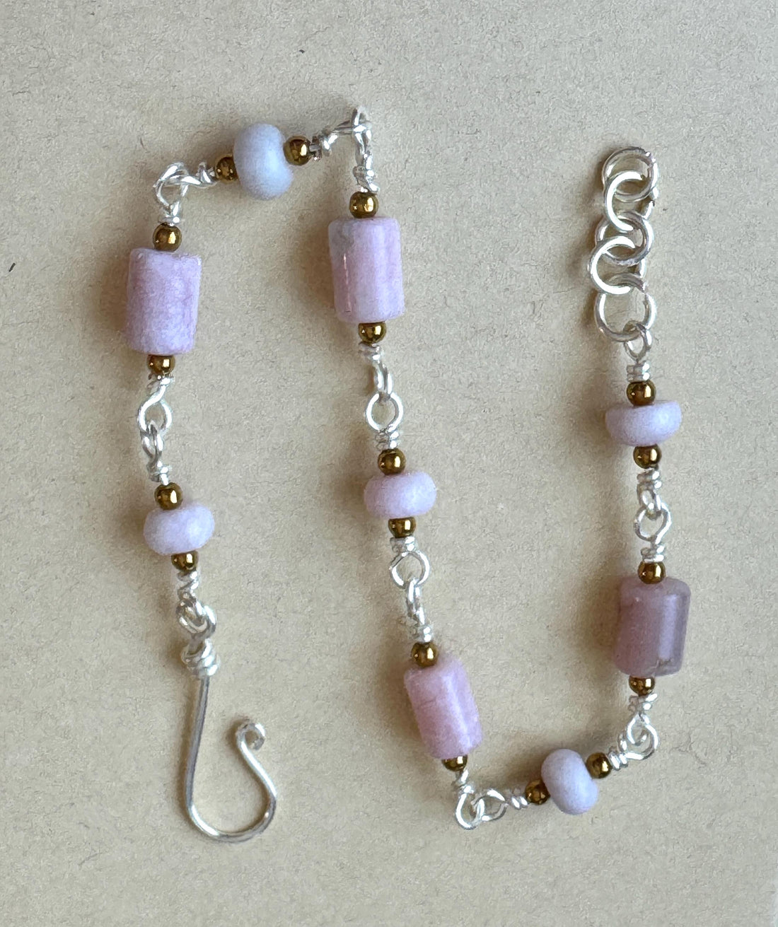 Handmade Pink Opal Bracelet with gold accents