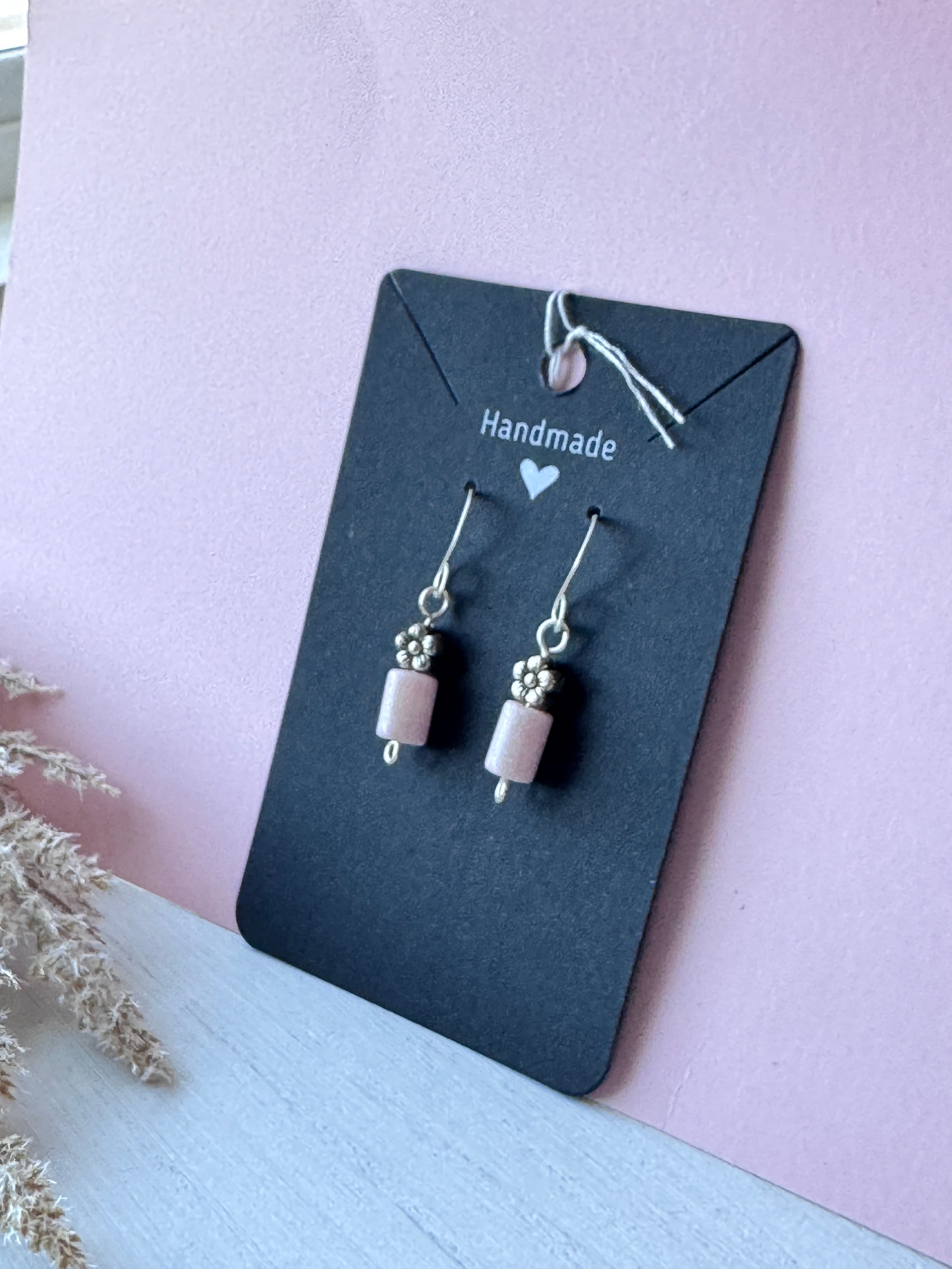 Wire Wrapped Silver Flower Charm Earrings with Pink Opal Gemstones
