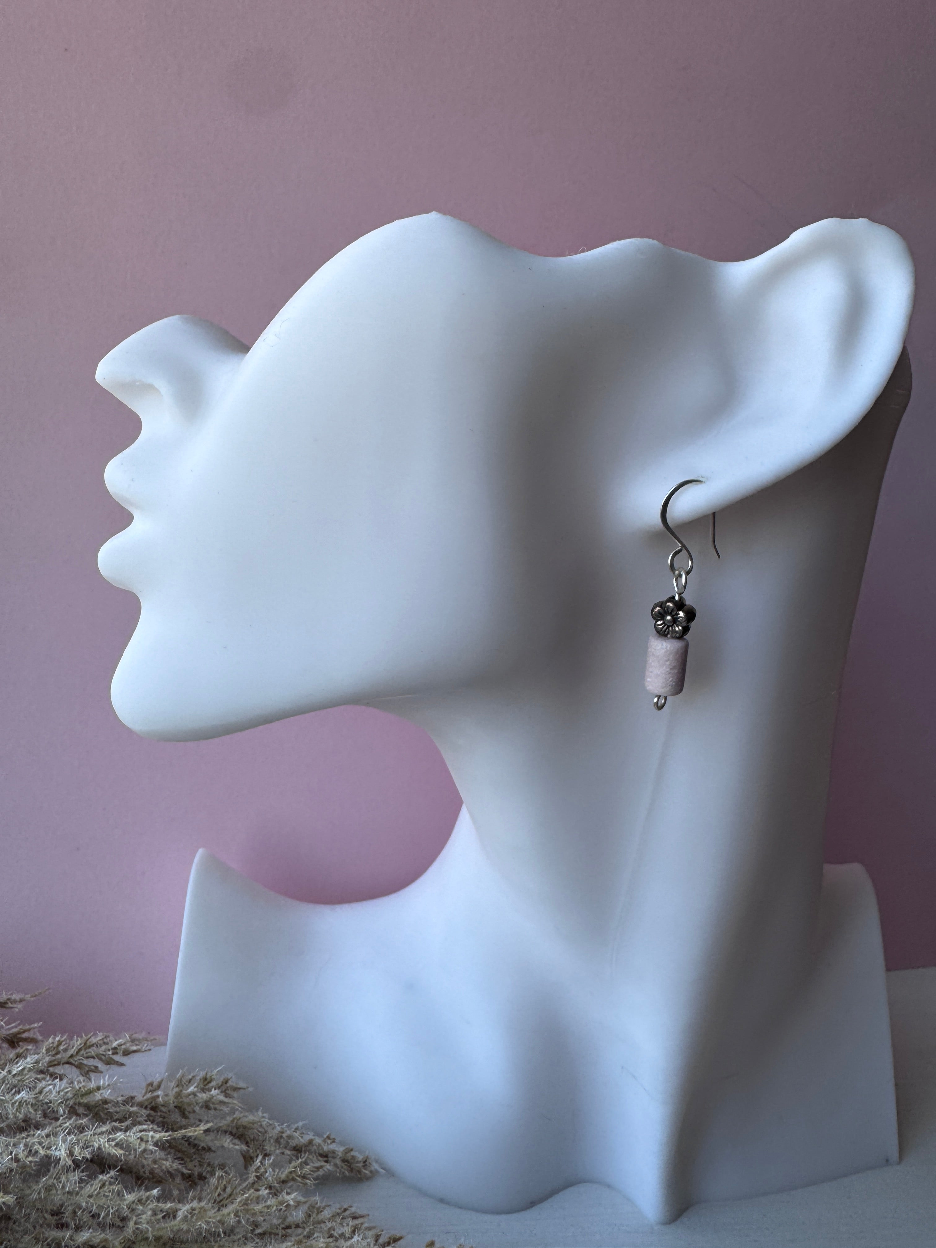 Wire Wrapped Silver Flower Charm Earrings with Pink Opal Gemstones