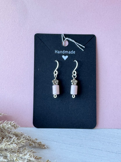 Wire Wrapped Silver Flower Charm Earrings with Pink Opal Gemstones