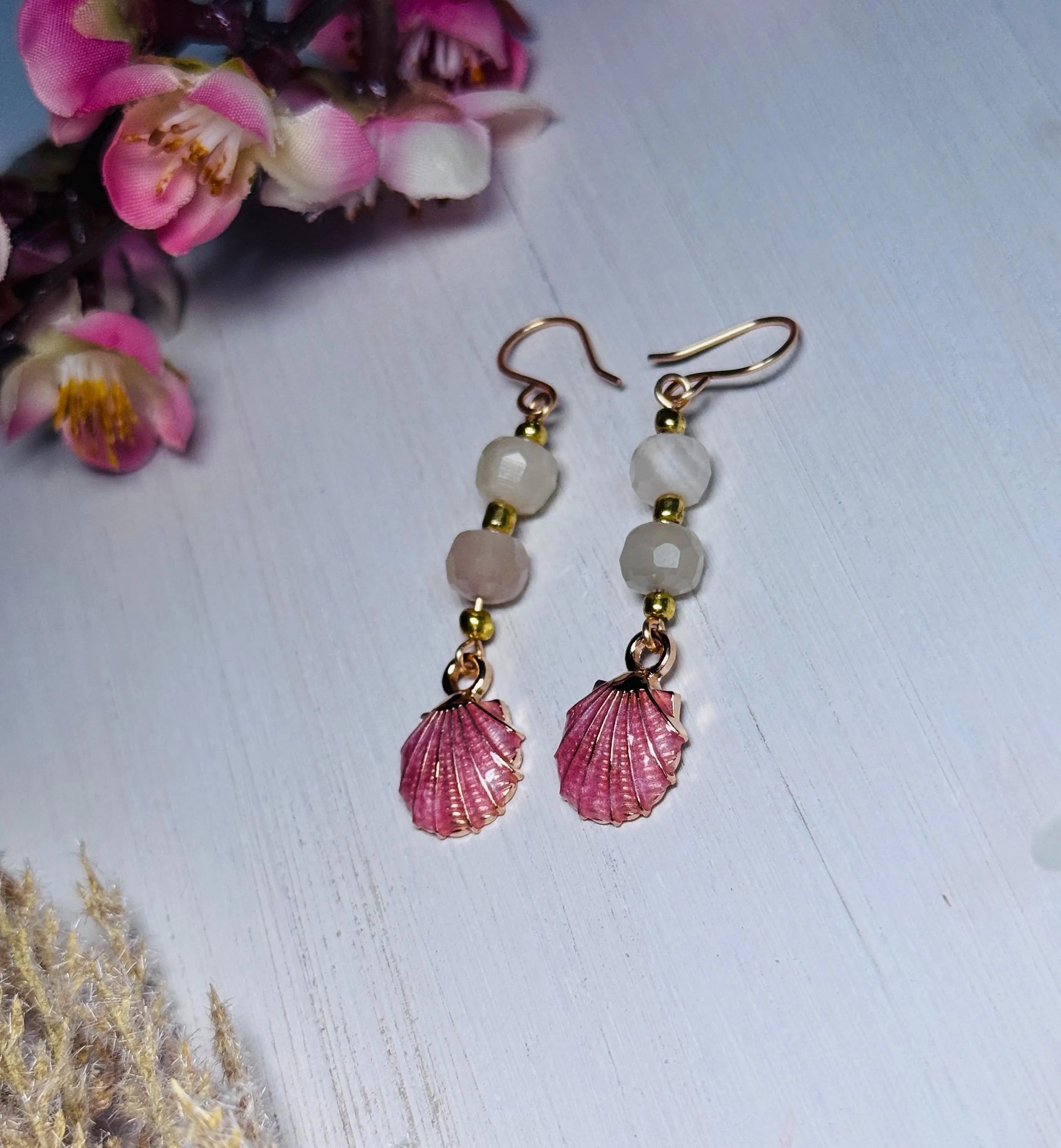 Handmade Moonstone &amp; Pink Seashell Earrings – Beachy Boho Dangles