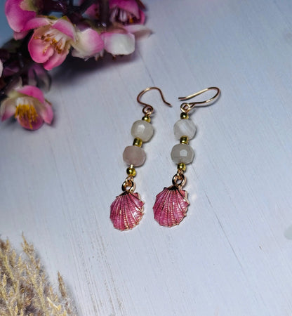 Handmade Moonstone &amp; Pink Seashell Earrings – Beachy Boho Dangles