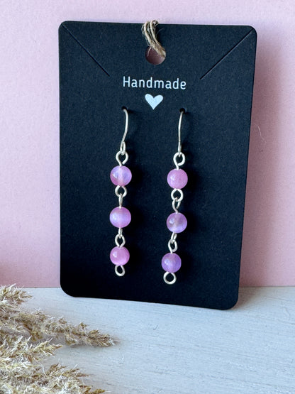 Silver Wire Wrapped Drop Earrings with Pink Selenite Gemstones