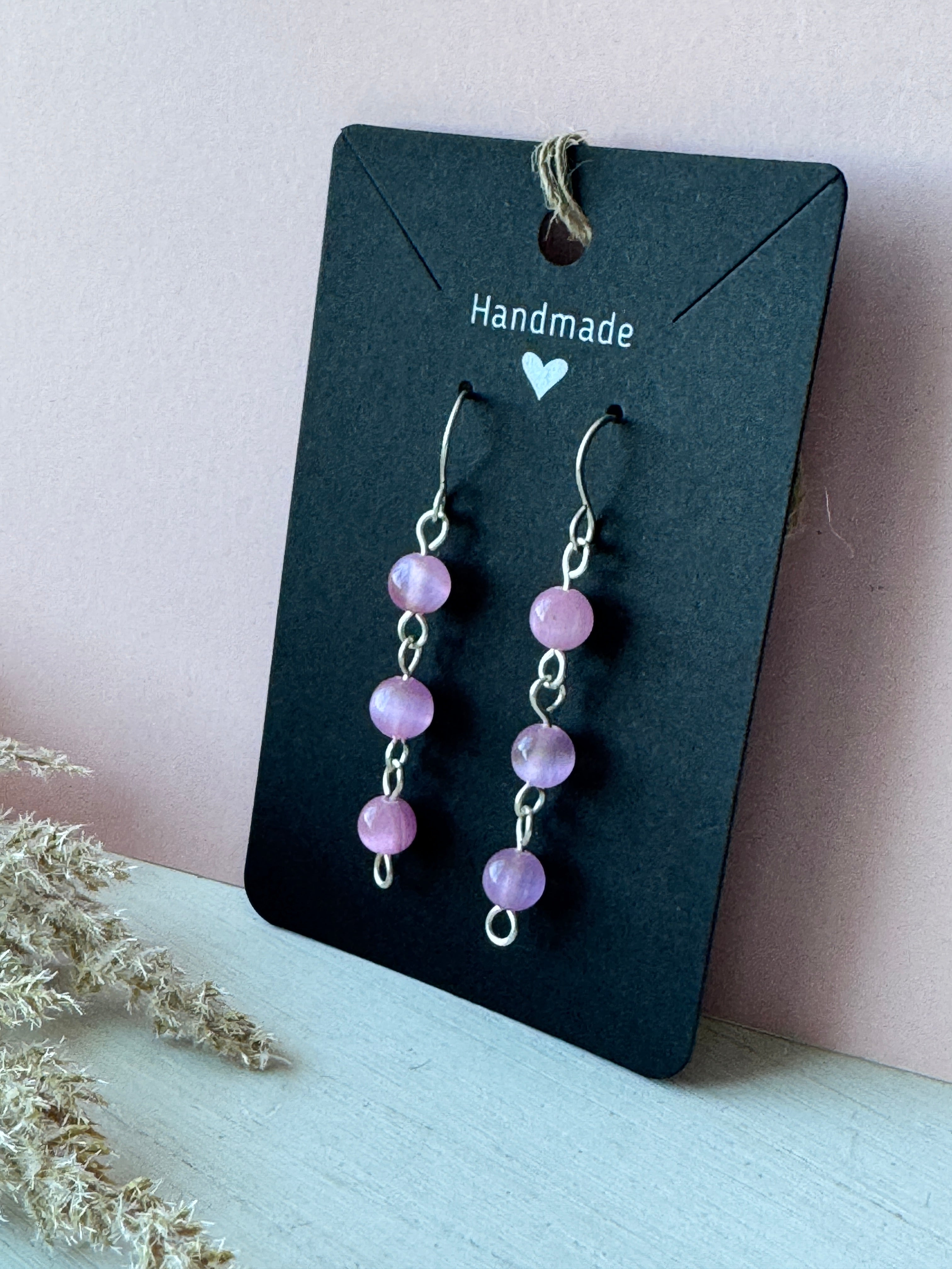 Silver Wire Wrapped Drop Earrings with Pink Selenite Gemstones