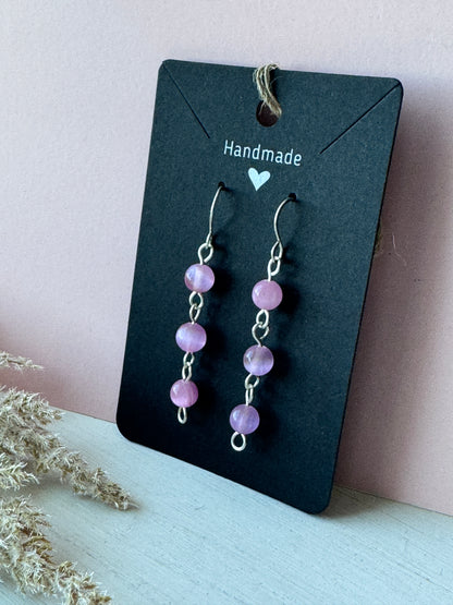 Silver Wire Wrapped Drop Earrings with Pink Selenite Gemstones