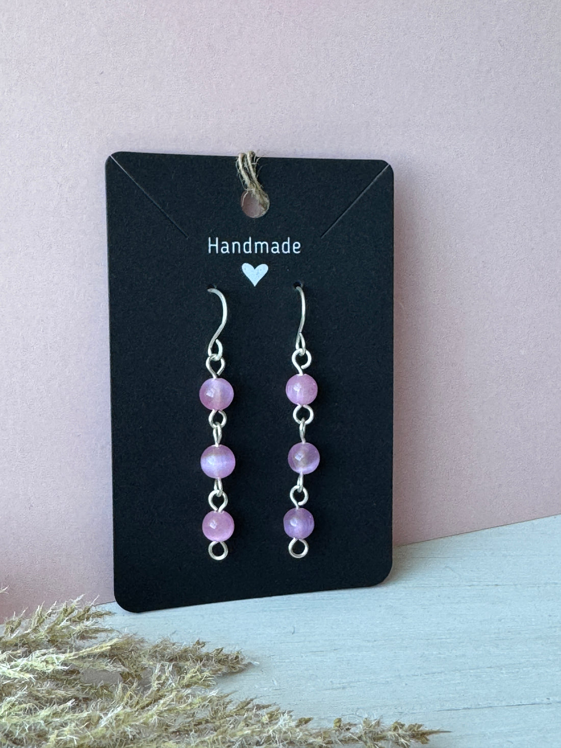 Silver Wire Wrapped Drop Earrings with Pink Selenite Gemstones