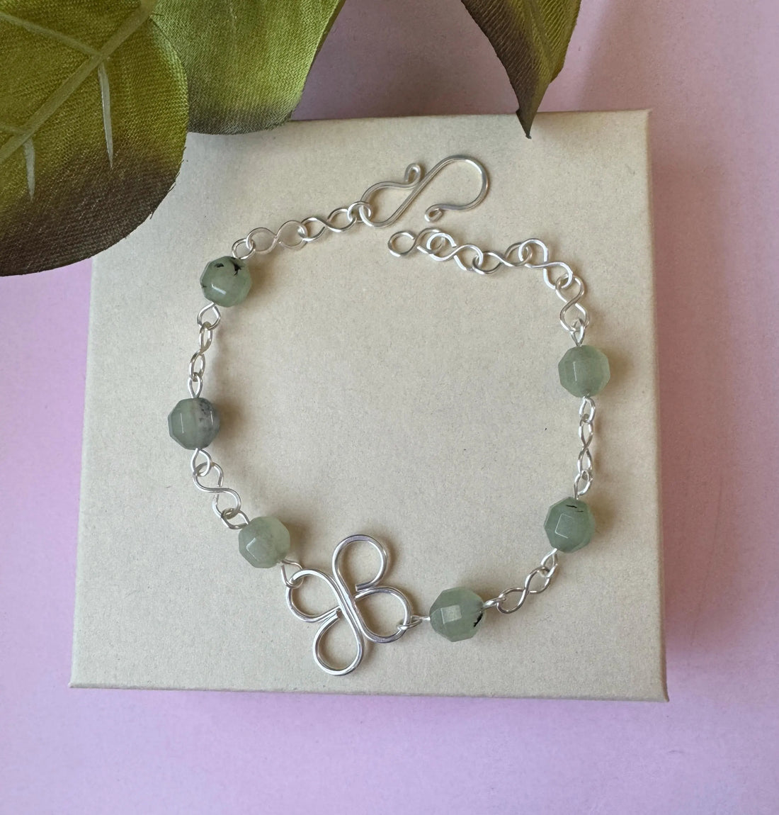 Handmade Silver Wire Wrapped Prehnite Bracelet, Clover Flower Design
