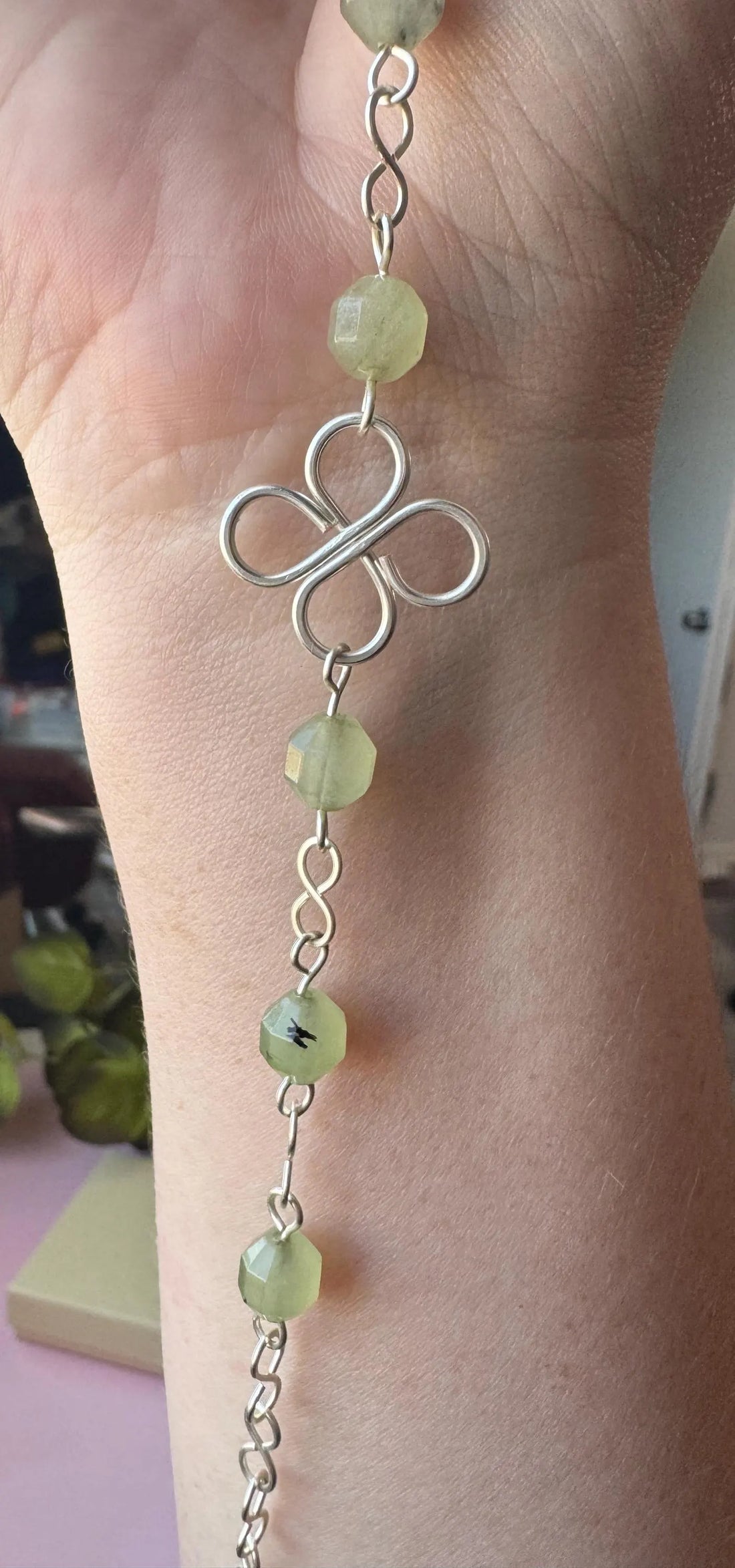 Handmade Silver Wire Wrapped Prehnite Bracelet, Clover Flower Design