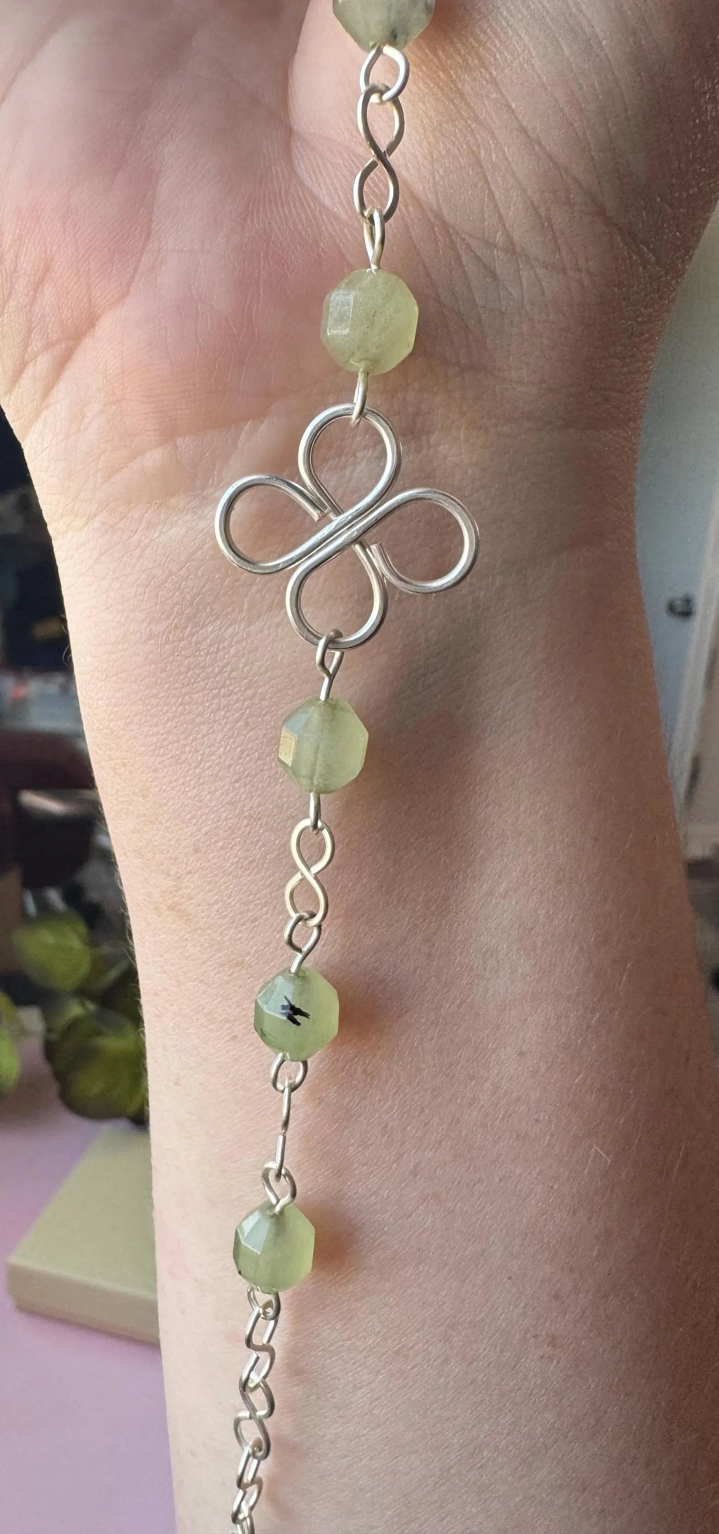 Handmade Silver Wire Wrapped Prehnite Bracelet, Clover Flower Design