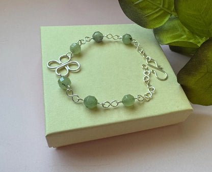 Handmade Silver Wire Wrapped Prehnite Bracelet, Clover Flower Design