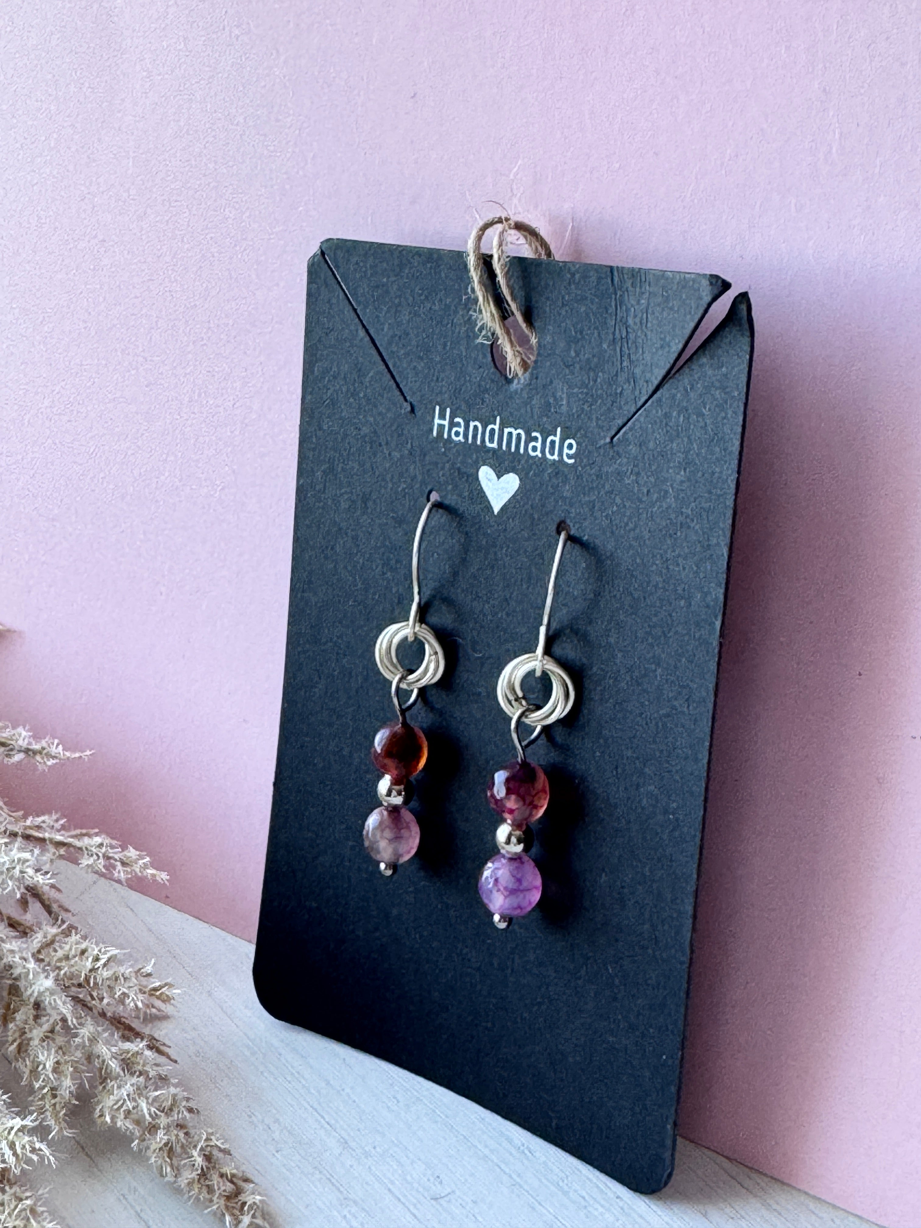 Silver Wire Wrapped Earrings with Purple Agate Gemstones
