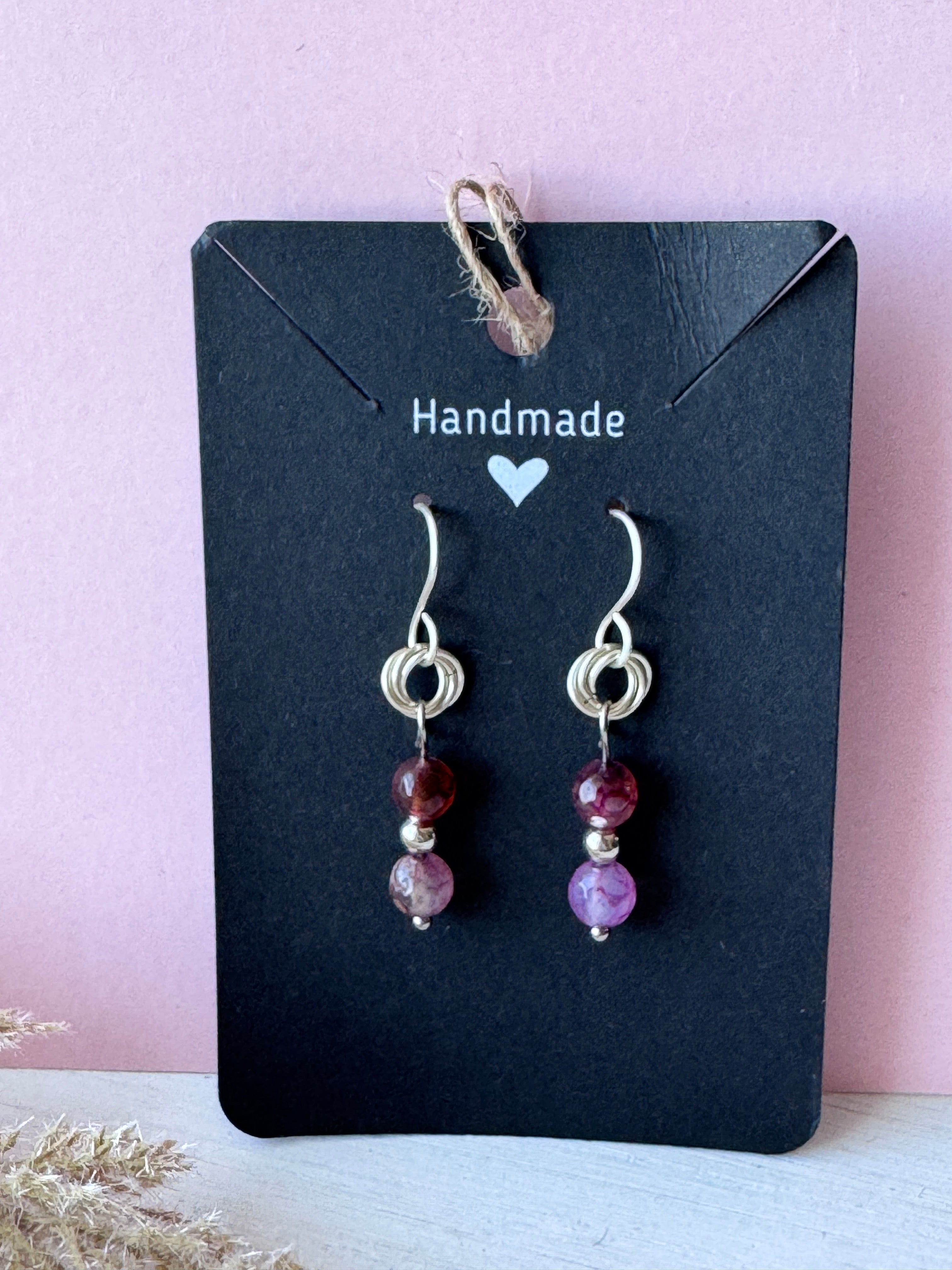Silver Wire Wrapped Earrings with Purple Agate Gemstones