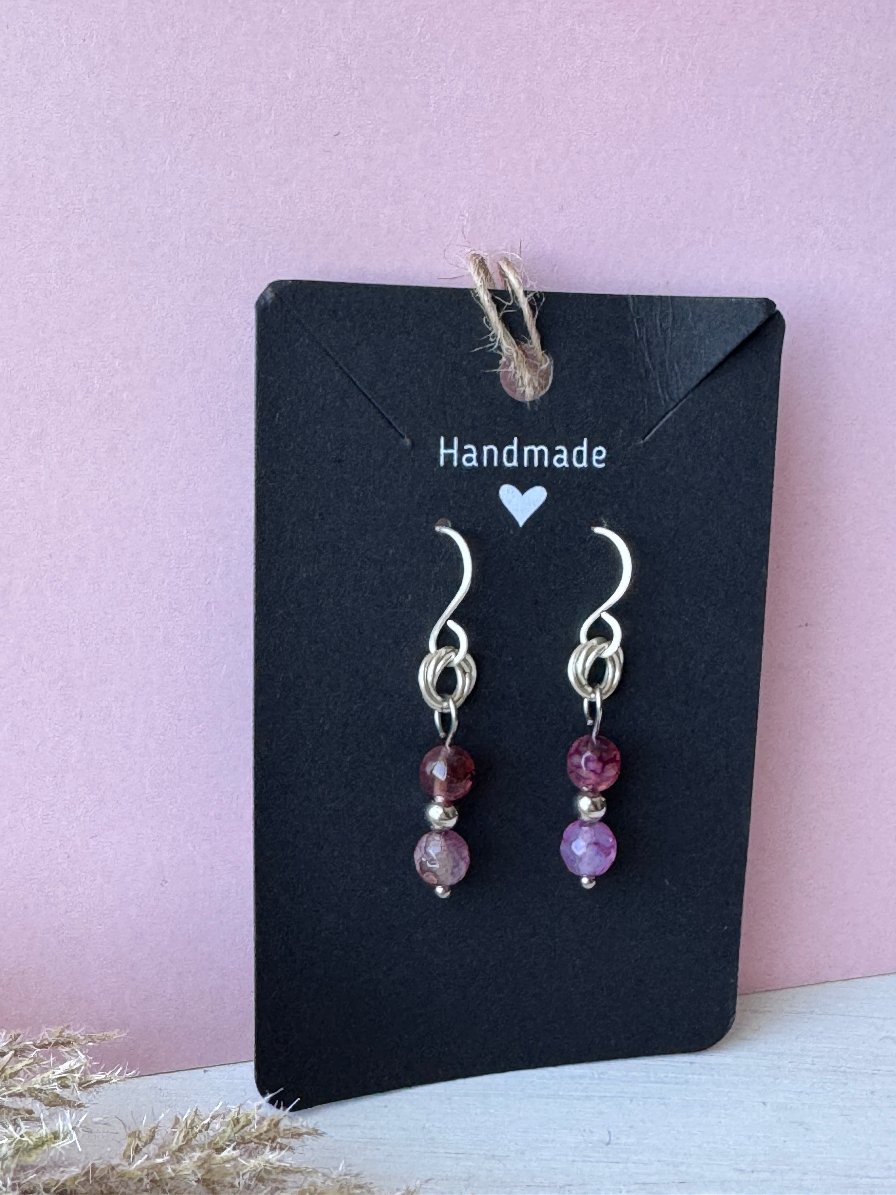 Silver Wire Wrapped Earrings with Purple Agate Gemstones