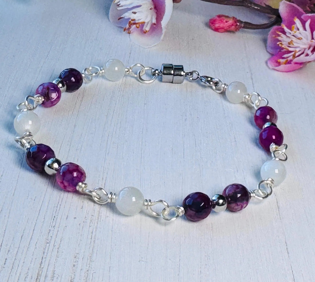 Handmade Silver Wire Wrapped Gemstone Bracelet with Purple Agate and Moonstone crystals