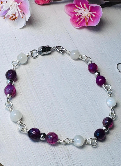Handmade Silver Wire Wrapped Gemstone Bracelet with Purple Agate and Moonstone crystals