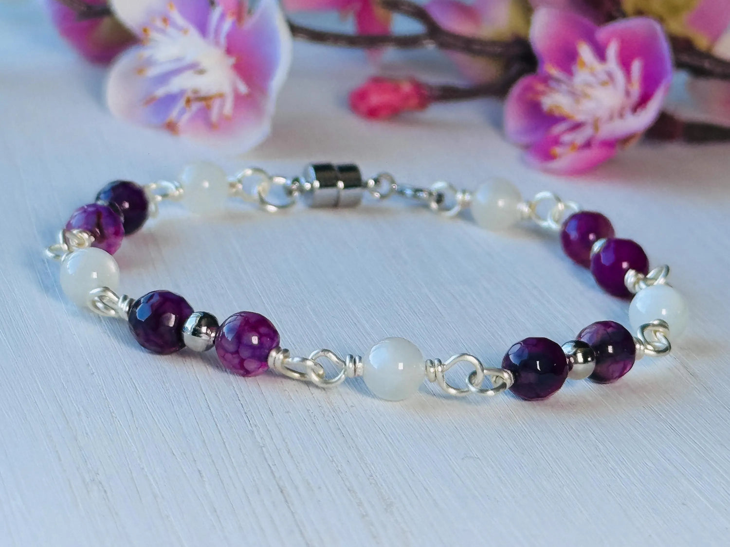 Handmade Silver Wire Wrapped Gemstone Bracelet with Purple Agate and Moonstone crystals