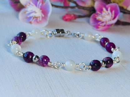 Handmade Silver Wire Wrapped Gemstone Bracelet with Purple Agate and Moonstone crystals