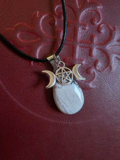 Howlite Pendant Necklace - Calming, Patience, and Peace- with a triple Goddess charm