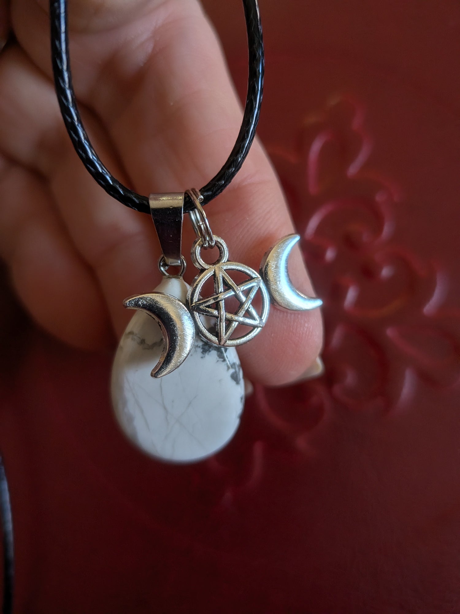 Howlite Pendant Necklace - Calming, Patience, and Peace- with a triple Goddess charm